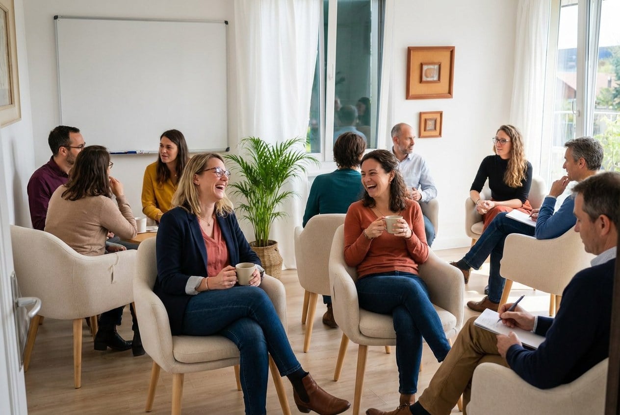 Cafés Supervision : sophrologues qui échangent autour d’un café dans la salle de Gland