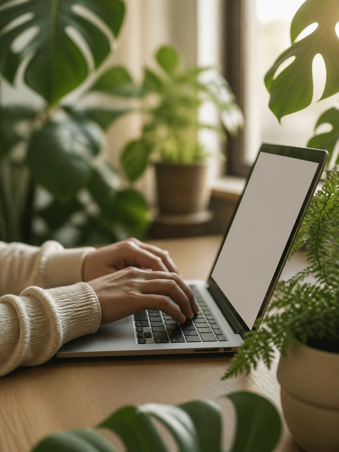 Mains sur un ordinateur portable au milieu de plantes vertes, lumière douce