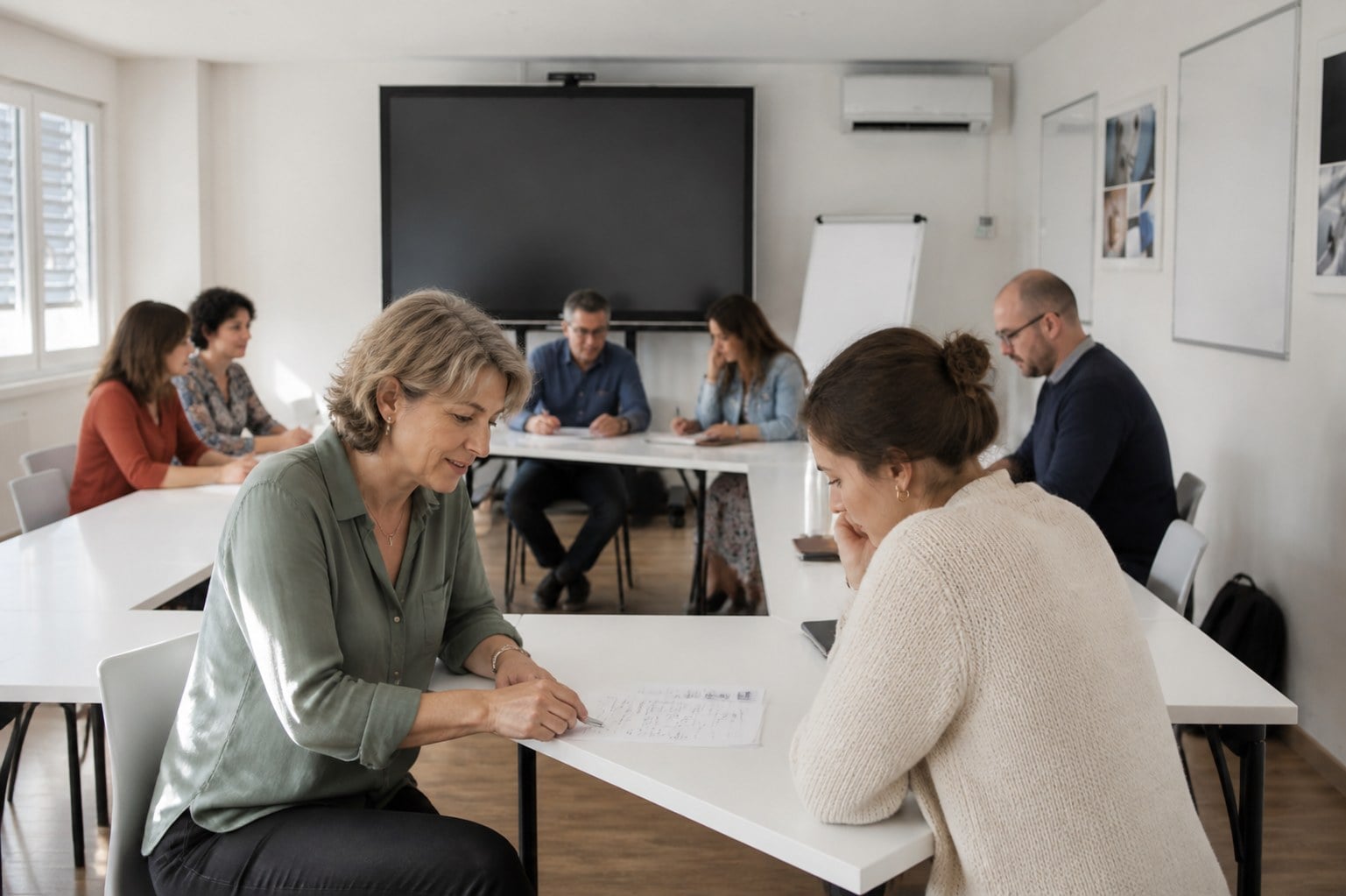 Formation de sophrologue à Gland : travail en binômes autour des tables de la salle de cours