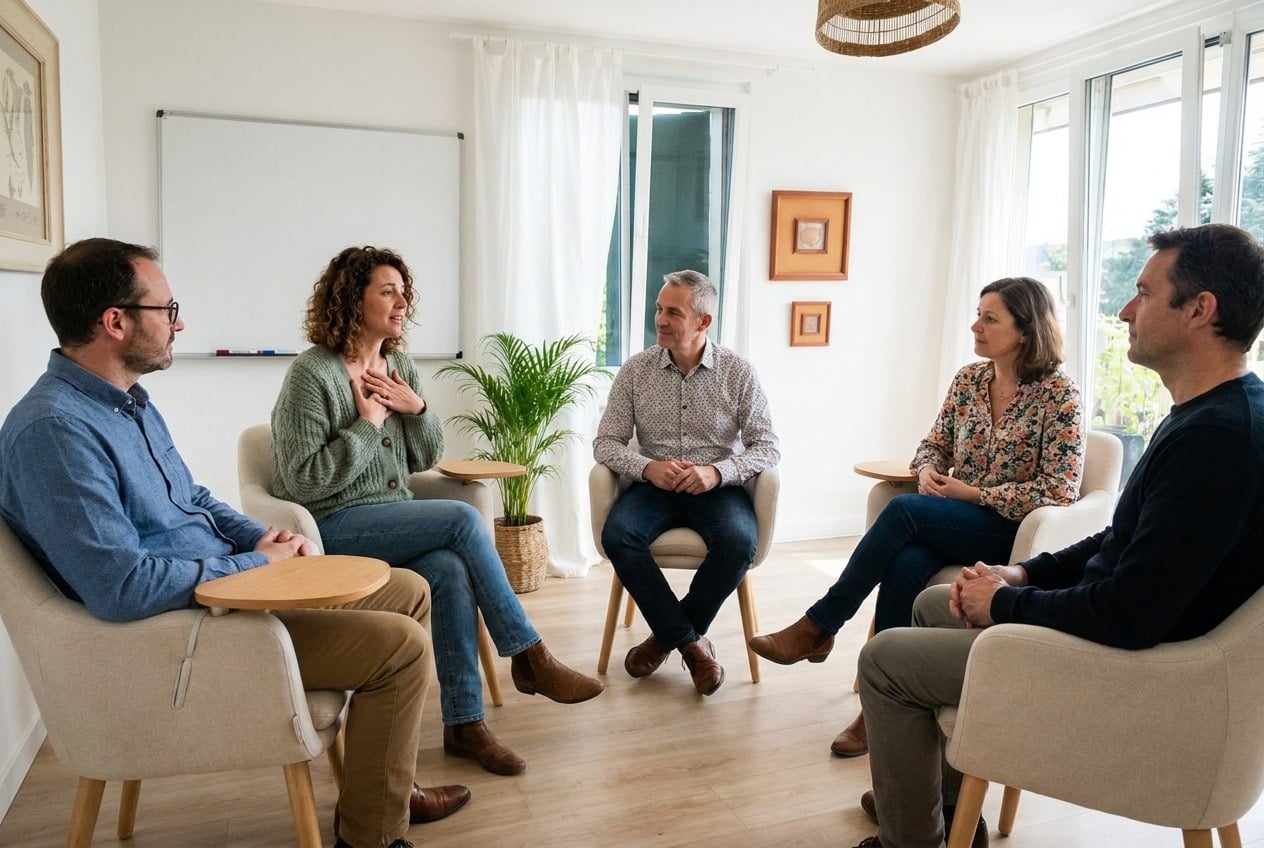 Formation gestion des émotions : groupe de participants en cercle, écoute et régulation émotionnelle