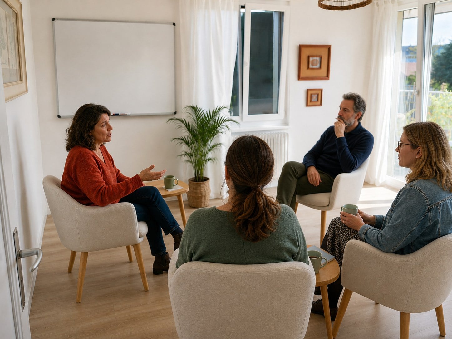 Formation sophrologie et burn-out : échange en petit groupe dans la salle en cercle