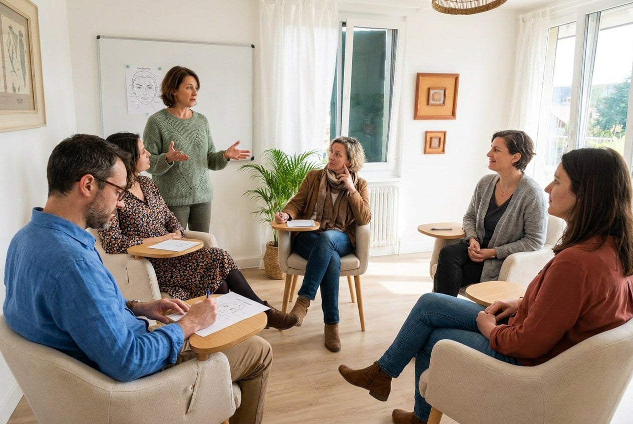 Formation sophrologie et troubles anxieux : échange en cercle avec la formatrice dans la salle de Gland